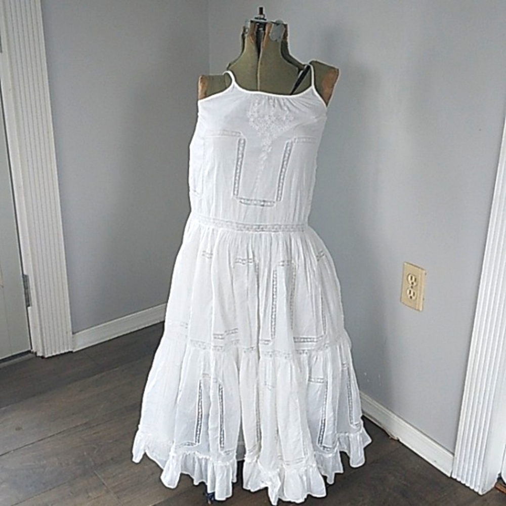 VTG Y2K COTTAGECORE WHITE/LACE COTTON PRAIRIE  MIDI DRESS INDIA MADE WOMANS S